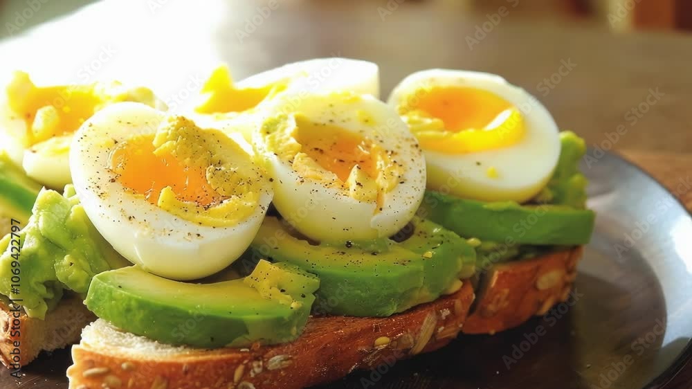 Slices of whole grain toast with mashed avocado and seasoned boiled eggs are a healthy and delicious way to start your day Slices of whole grain toast with mashed avocado and seasoned boiled eggs are a healthy and delicious way to start your day