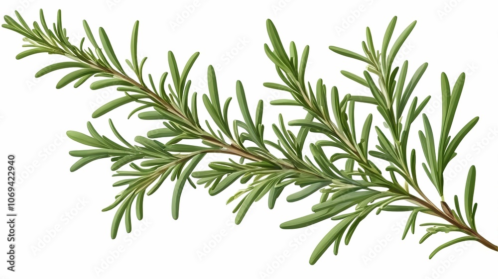 A detailed illustration of a green rosemary sprig. A detailed illustration of a green rosemary sprig.