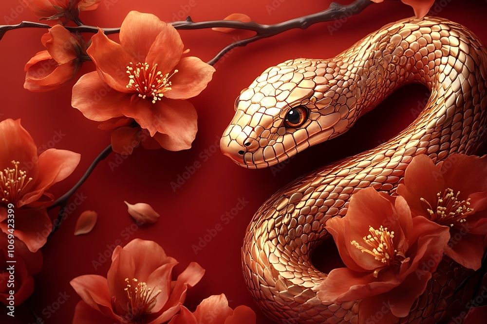 A golden snake gracefully intertwined with vibrant orange blossoms. A golden snake gracefully intertwined with vibrant orange blossoms.