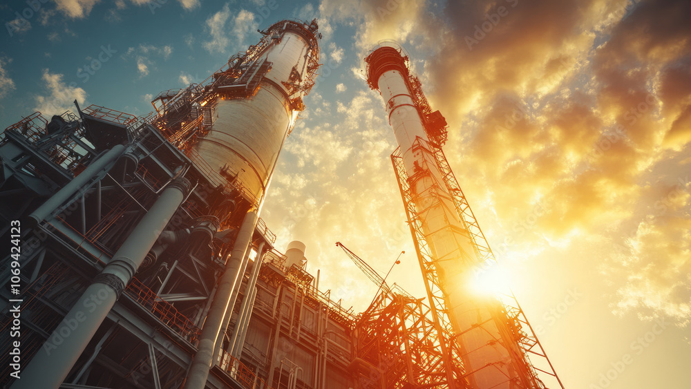 Obraz premium Massive Industrial Rocket Preparing for Launch into the Bright Sky