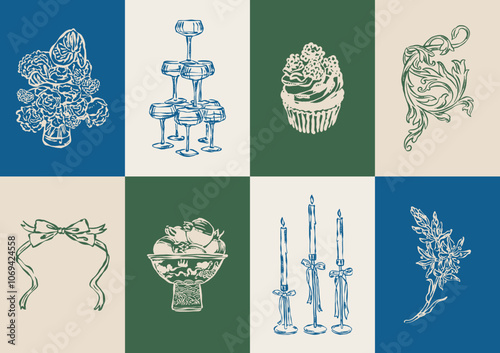 Minimalist Dolce Vita vector illustration collection. Art for greeting cards, wedding invitations, poster design, postcards, branding, logo design, background. Matisse style doodles.