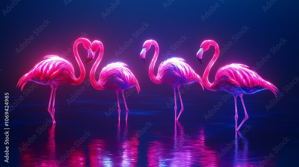 Obraz premium Neon flamingo bird glowing in realistic illuminated design