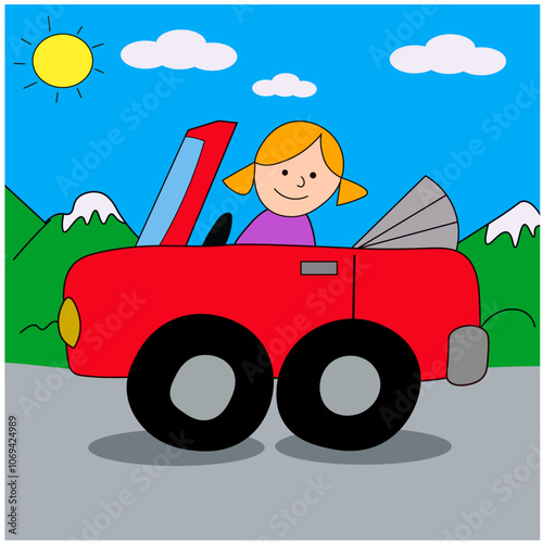 Child's drawing of a girl riding in a car.