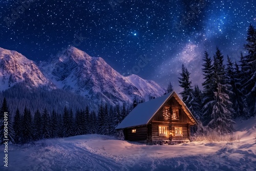 Magical christmas scene with snowy mountains, wooden cabin, and starry sky in winter wonderland