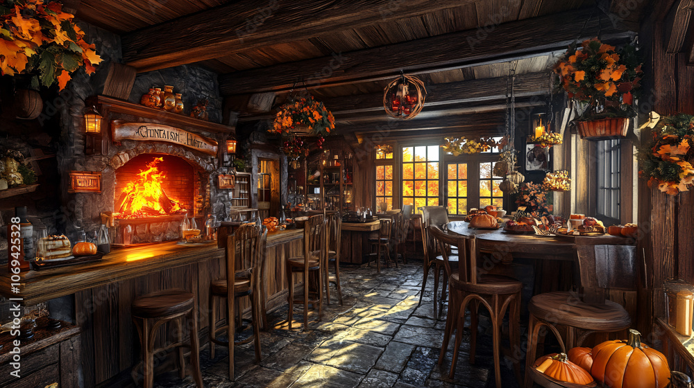 A village inn with wooden beams and a roaring fire, decorated for Thanksgiving. A village inn with wooden beams and a roaring fire, decorated for Thanksgiving.