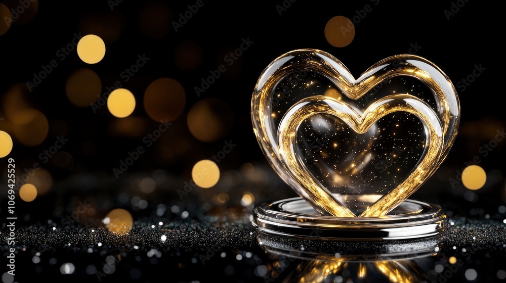 Glowing glass hearts with shimmering lights on a dark background Glowing glass hearts with shimmering lights on a dark background