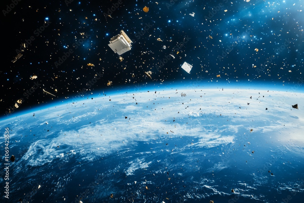 Fototapeta premium Space debris orbiting earth highlighting the increasing challenge of space pollution