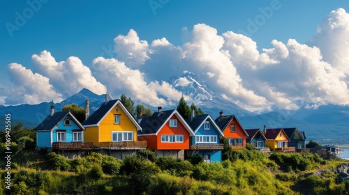 Colorful Houses Against Majestic Mountain Background