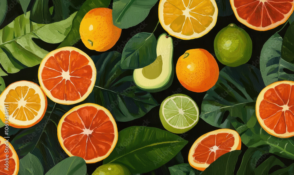Vibrant Citrus and Tropical Fruit Painting with Lush Green Botanical Elements Vibrant Citrus and Tropical Fruit Painting with Lush Green Botanical Elements