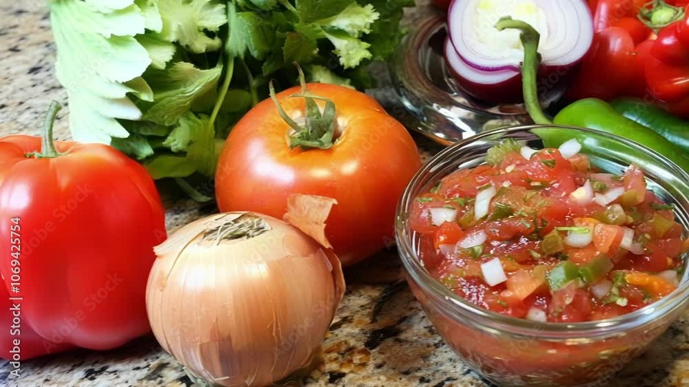 Glass bowl of fresh salsa sits on a granite counter, with tomatoes, onions, cilantro, and peppers blurred in the background Glass bowl of fresh salsa sits on a granite counter, with tomatoes, onions, cilantro, and peppers blurred in the background