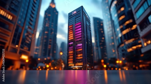 Holographic Overlay on Modern Building at Dusk