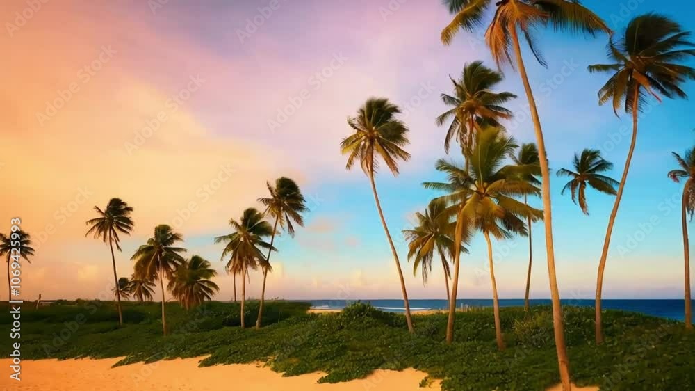 Radio background music with chill vibes under coconut trees on a summer beach. seamless looping 4k time-lapse animation video background Radio background music with chill vibes under coconut trees on a summer beach. seamless looping 4k time-lapse animation video background