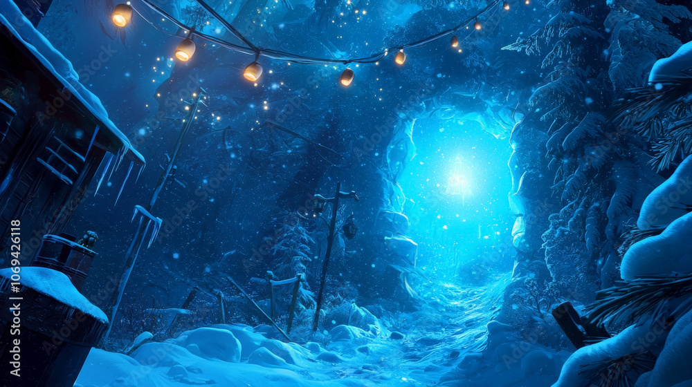 snow covered path leads to glowing magical portal surrounded by trees. scene is enchanting, with soft blue light illuminating snowy landscape and festive lights hanging above snow covered path leads to glowing magical portal surrounded by trees. scene is enchanting, with soft blue light illuminating snowy landscape and festive lights hanging above
