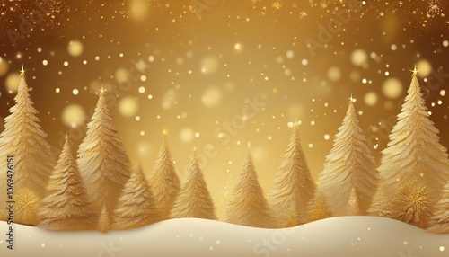 gold christmas background with snow covered trees