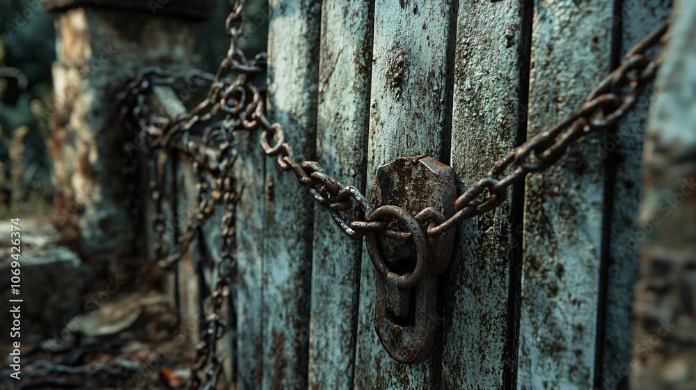 A weathered graveyard gate with rusty chains and a broken lock. A weathered graveyard gate with rusty chains and a broken lock.