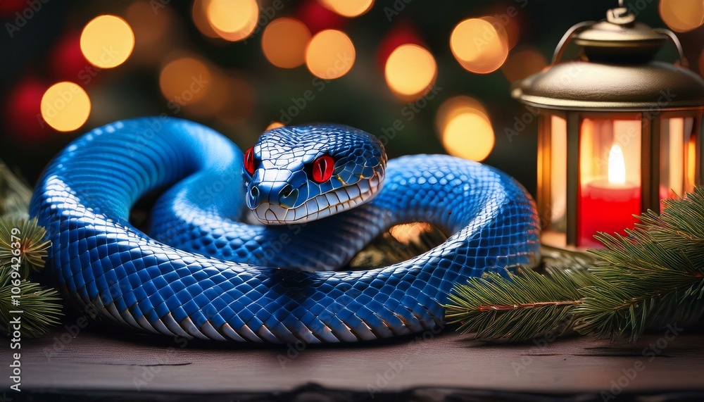 Fototapeta premium a striking blue snake with red eyes is coiled elegantly among festive christmas decorations the scene features shiny baubles and a warm toned lantern set against a backdrop of pine branches