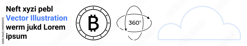 Cryptocurrency icon with Bitcoin symbol, 360-degree rotation sign, and cloud outline. Ideal for finance, digital currency, blockchain technology, virtual reality, cloud computing, data management