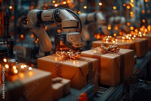 Robotic arms wrapping Christmas gifts on a production line.