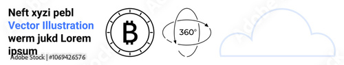 Cryptocurrency icon with Bitcoin symbol, 360-degree rotation sign, and cloud outline. Ideal for finance, digital currency, blockchain technology, virtual reality, cloud computing, data management