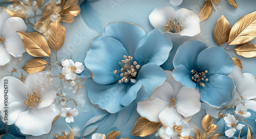 A close-up image of blue and white flowers with gold leaves, captured on a blue background. The flowers are beautifully arranged, creating a delicate and elegant display