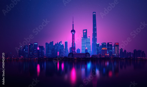 Captivating Nighttime Urban Skyline with Neon Illuminated Skyscrapers