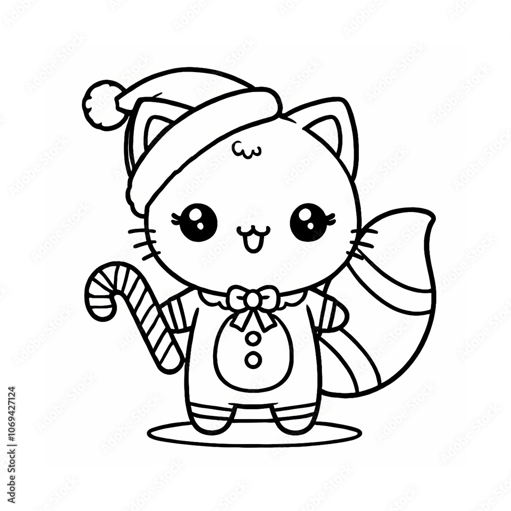 Cute Christmas Kitty with Santa Hat and Candy Cane Coloring Page - Adorable Holiday Illustration for Kids, Festive Crafts, Greeting Cards, Seasonal Decor