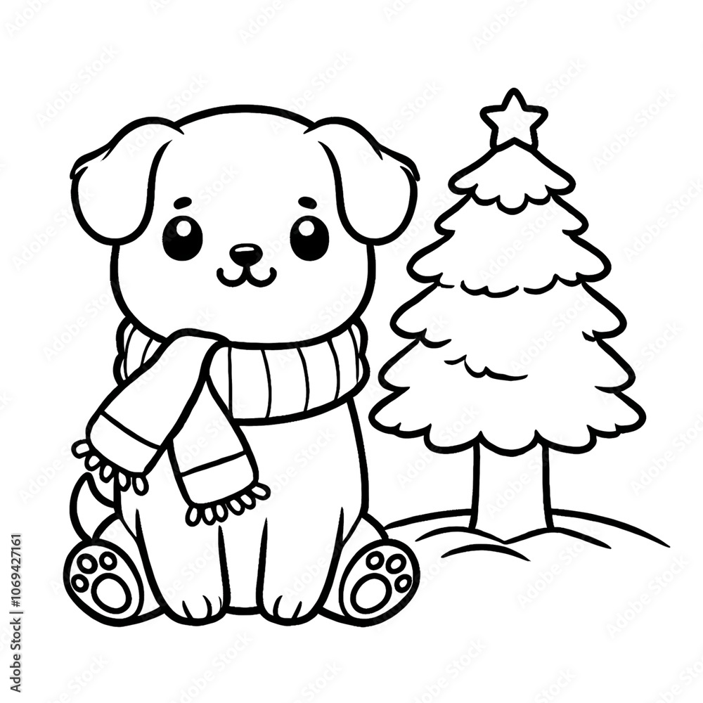 Cute Christmas Puppy with Scarf and Christmas Tree Coloring Page - Adorable Holiday Illustration for Kids, Festive Crafts, Greeting Cards, Winter Decor Cute Christmas Puppy with Scarf and Christmas Tree Coloring Page - Adorable Holiday Illustration for Kids, Festive Crafts, Greeting Cards, Winter Decor