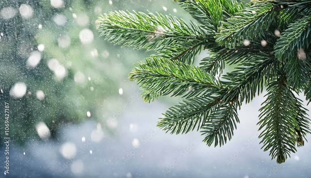 green branch of christmas tree on background of falling snow green branch of christmas tree on background of falling snow