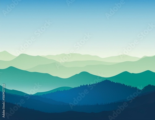  panoramic landscape with blue and green misty silhouettes of mountains and clear sky