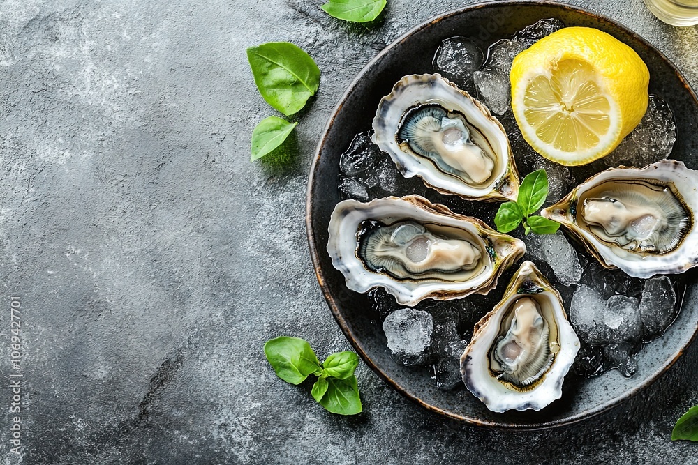 Fresh oysters with lemon and ice. Restaurant delicacy. oysters dish. Oyster dinner with champagne in restaurant, banner, menu, recipe place for text, top view Fresh oysters with lemon and ice. Restaurant delicacy. oysters dish. Oyster dinner with champagne in restaurant, banner, menu, recipe place for text, top view