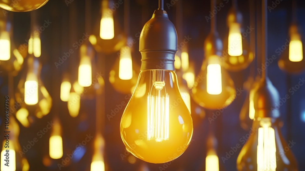 A yellow light bulb is removed from among many lamps A yellow light bulb is removed from among many lamps