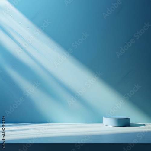 minimalistic abstract gentle light blue background for product presentation with sunny light and intricate shadow on wall