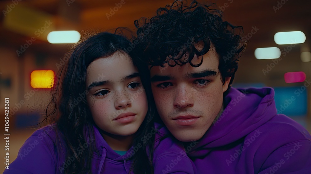 Siblings enjoying a quiet moment together in cozy hoodies Siblings enjoying a quiet moment together in cozy hoodies