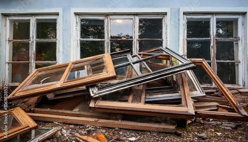 old wooden windows discarded in the landfill the renovation process involves removing the windows photo