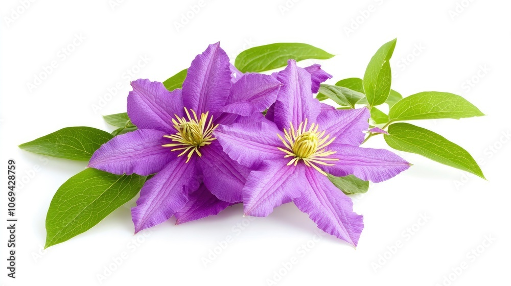 Vibrant clematis flowers with lush green leaves on a white background Vibrant clematis flowers with lush green leaves on a white background