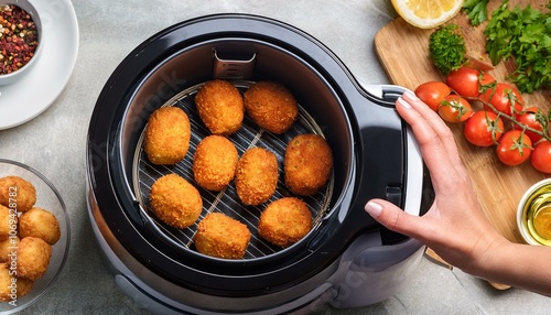 hand cooking homemade croquettes recipe in air fryer at the kitchen top view