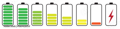 Battery low, battery full, energy, battery charge icon set vector illustration