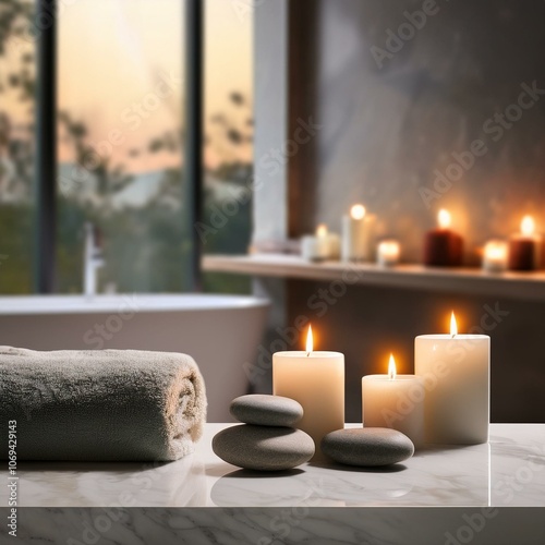 marble table for spa product display with stones burning candles and towel on blurred bathroom background