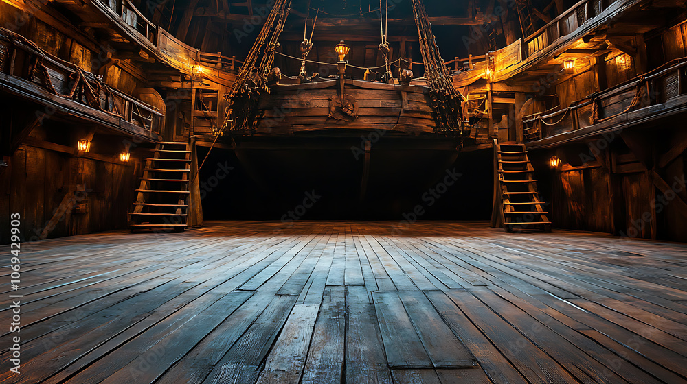 Naklejka premium empty pirate ship deck background for theater stage scene
