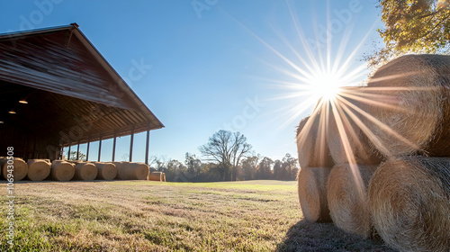 A barn stands in a field with hay bales in the foreground, and the sun shines brightly in the sky. photo