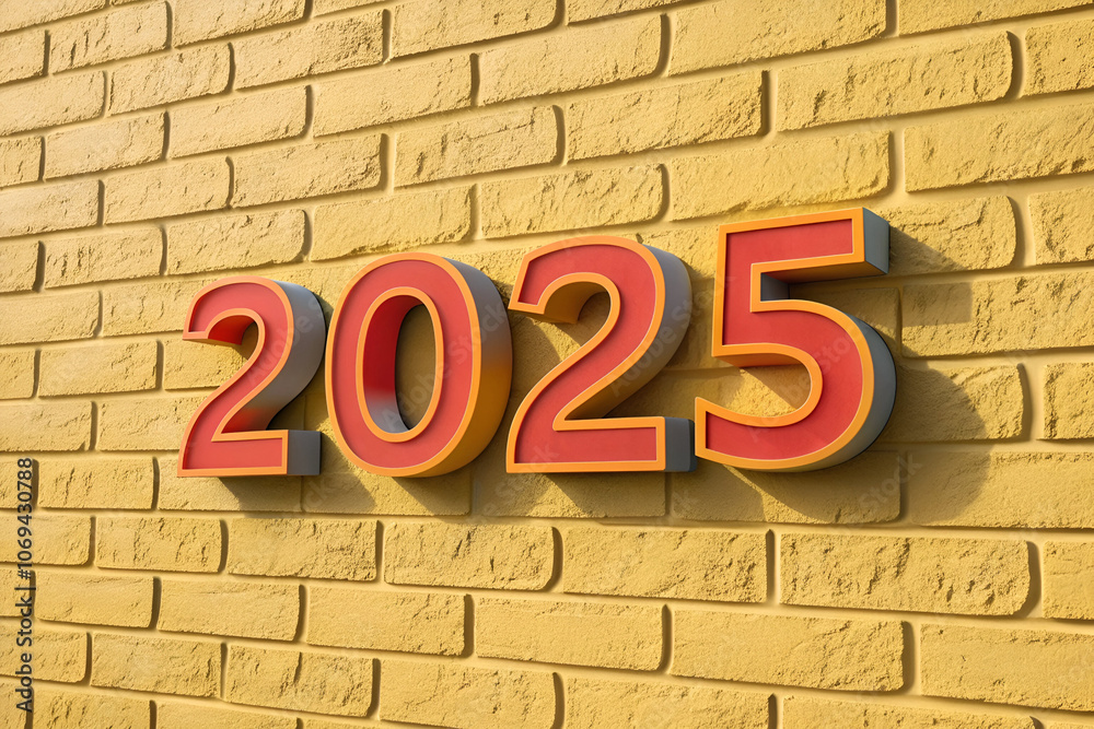 3D red 2025 with yellow brick wall background. Generative AI 3D red 2025 with yellow brick wall background. Generative AI