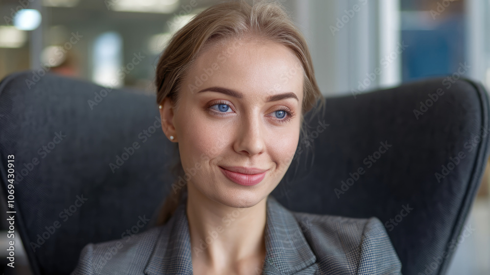 A woman is sitting in a chair with a smile on her face. She is wearing a gray jacket and has blue eyes A woman is sitting in a chair with a smile on her face. She is wearing a gray jacket and has blue eyes