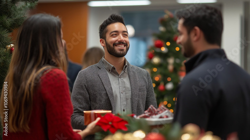 Office Christmas Spirit. Colleagues gather for a festive office Christmas party, sharing smiles and holiday cheer.