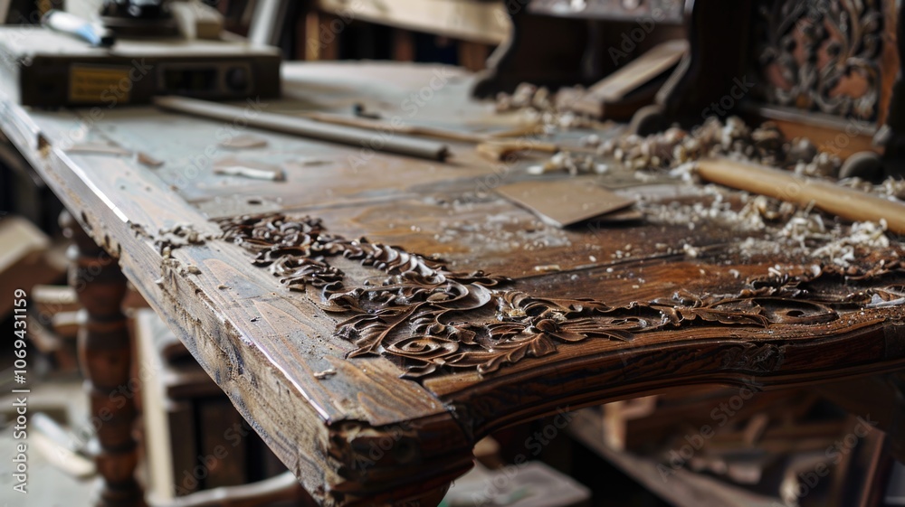 Intricately carved wooden table in rustic workshop setting with tools Intricately carved wooden table in rustic workshop setting with tools