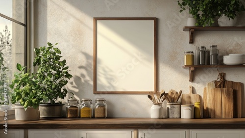 Mock up poster frame in kitchen interior Farmhouse style. AI Generative photo