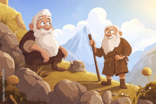 Cheerful cartoon scene of Abraham and Isaac on a mountain in soft earthy tones with rich detail, design illustration, biblical, religious concept photo