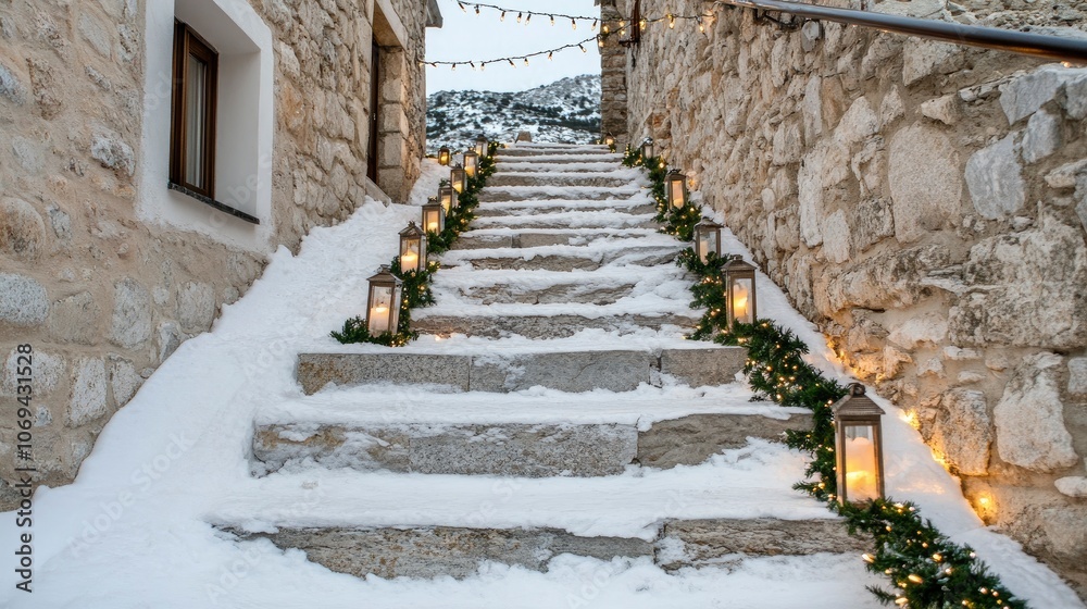 Obraz premium Beautifully decorated snowy staircase with lanterns and holiday lights