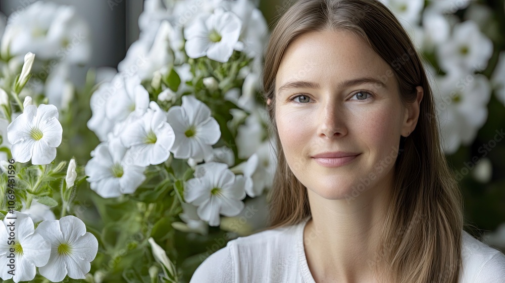 Serene woman surrounded by beautiful white flowers in a bright setting Serene woman surrounded by beautiful white flowers in a bright setting