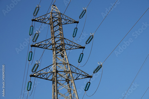 Electricity high voltage power lines station.