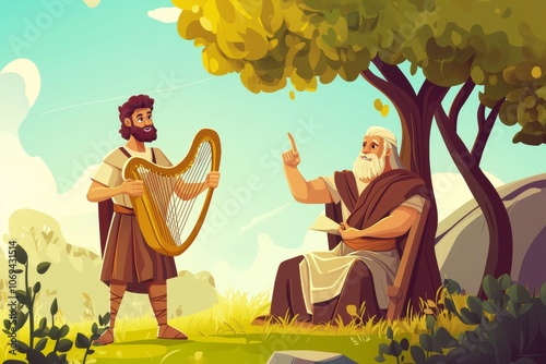 Charming cartoon scene of David playing harp for King Saul in warm, friendly tones, design illustration, biblical, religious concept photo